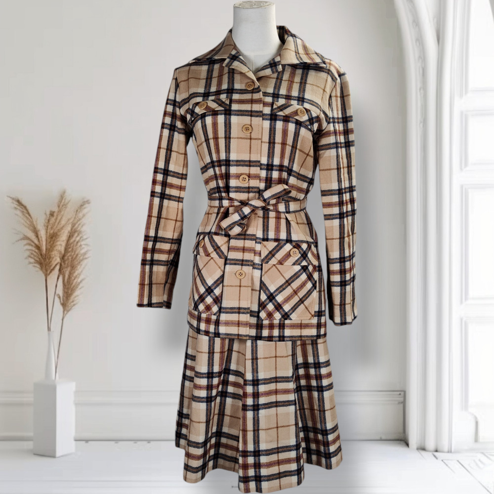 Vintage 70s Young Pendleton Wool Plaid Skirt Suit Womens XS Belted Jacket